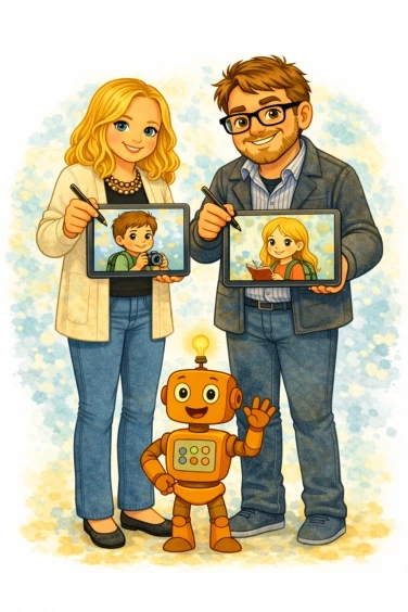 Katarzyna and Mateusz Skrzyniecki with illustrated children and a friendly robot